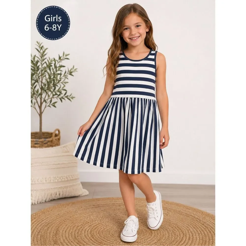 H&M Girls Striped Sleeveless Tank Dress 6-8Y Navy White Cotton Sundress